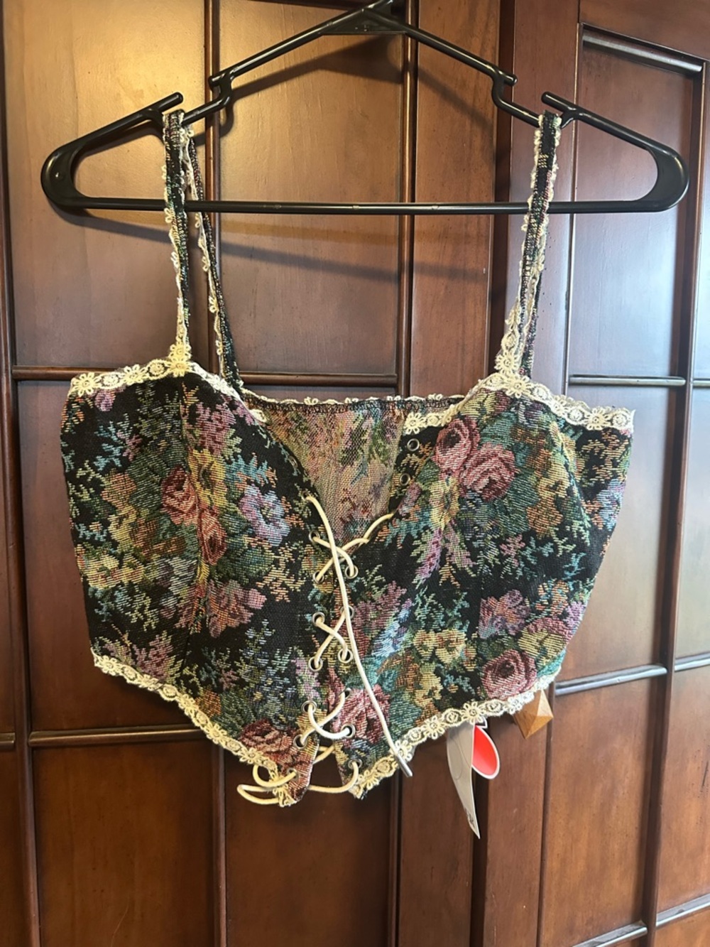 Cider Floral Tapestry Lace-Up Cropped Corset Top — Black Floral